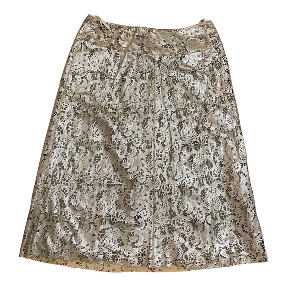 Lafayette 148 Leather A Line Skirt Gold Metallic Paisley Floral Laser Cut Sz 4